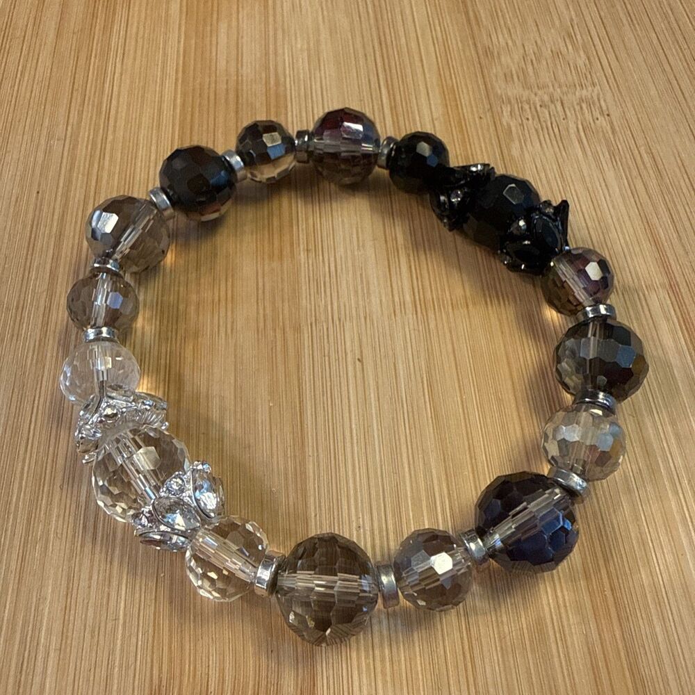 OMBRE BEADED BRACELET BLACK PURPLE CLEAR ON ELASTIC UNBRANDED